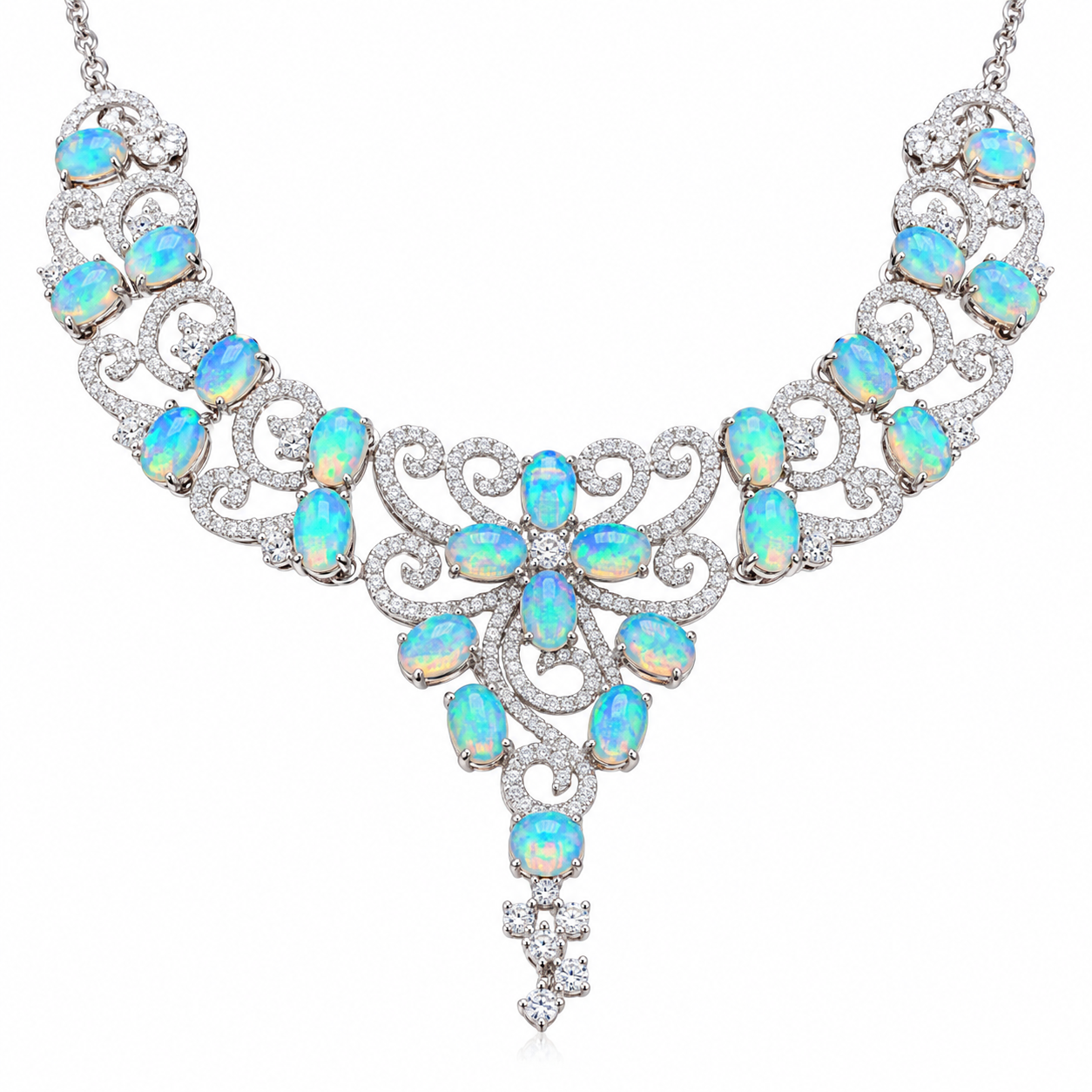 3x4mm fire opal necklace in 925 sterling silver on a white background