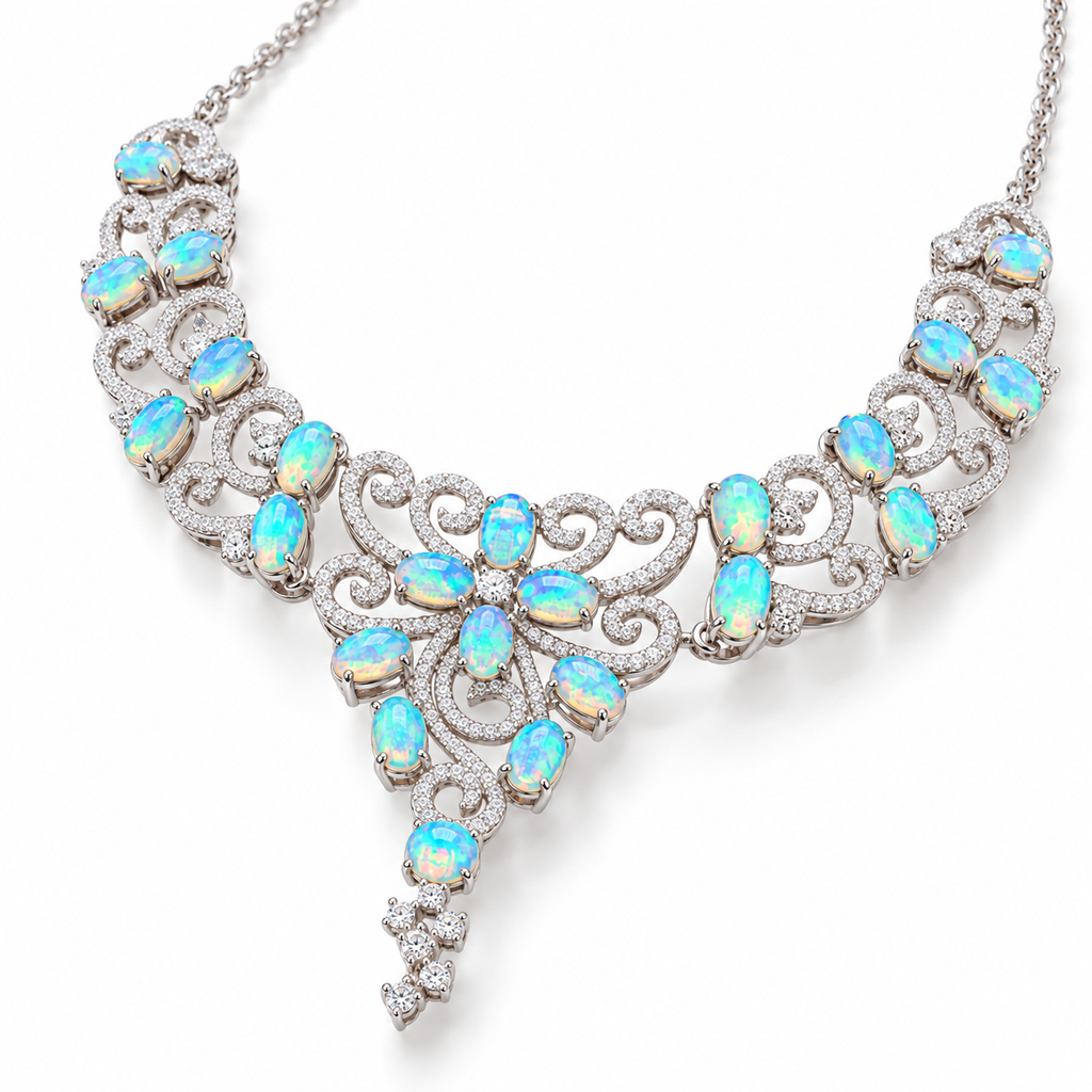 Angled view of 3x4mm fire opal statement necklace in 925 sterling silver