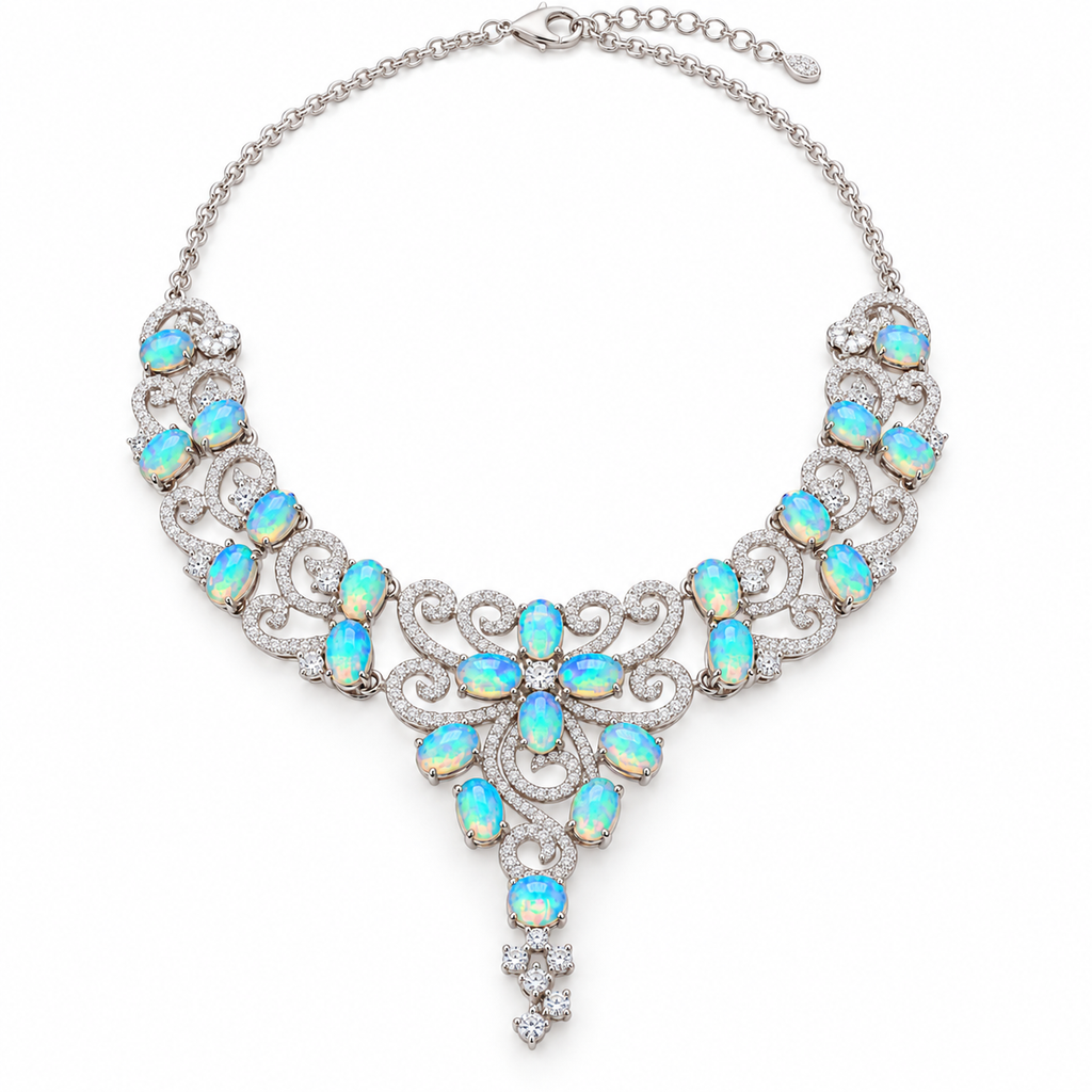 Full 3x4mm oval fire opal necklace with sterling silver filigree on white