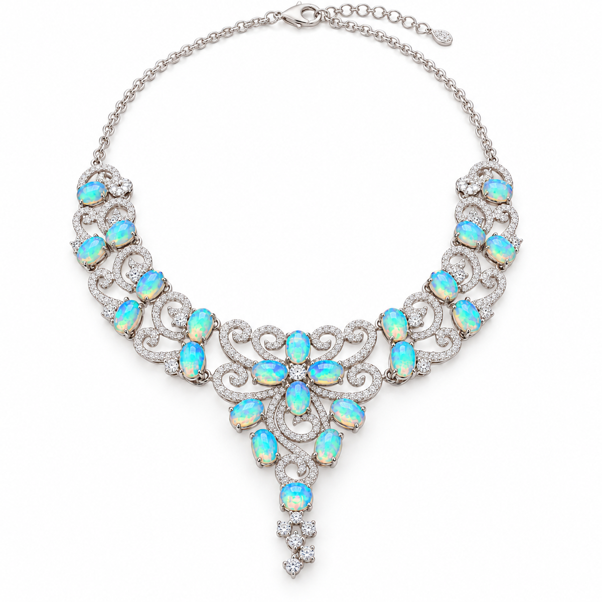Full 3x4mm oval fire opal necklace with sterling silver filigree on white