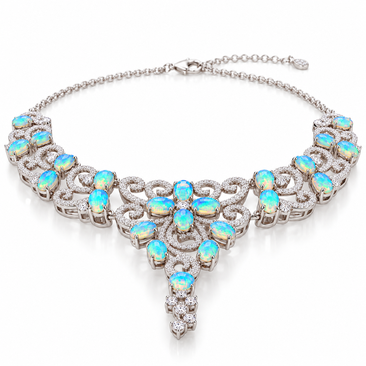 Side angle showing the intricate filigree and 3x4mm fire opal necklace design