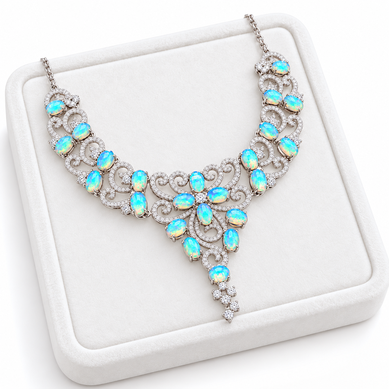 3x4mm fire opal necklace displayed on a white velvet jewelry tray