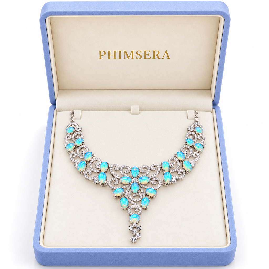 3x4mm fire opal statement necklace presented in a Phimsera jewelry box