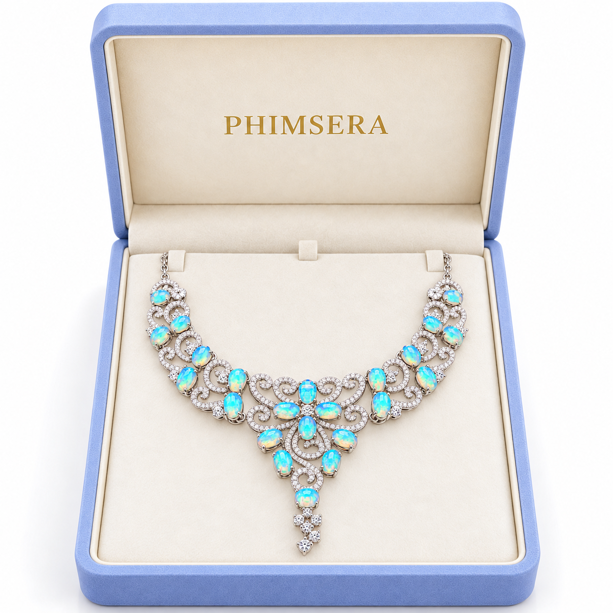 3x4mm fire opal statement necklace presented in a Phimsera jewelry box