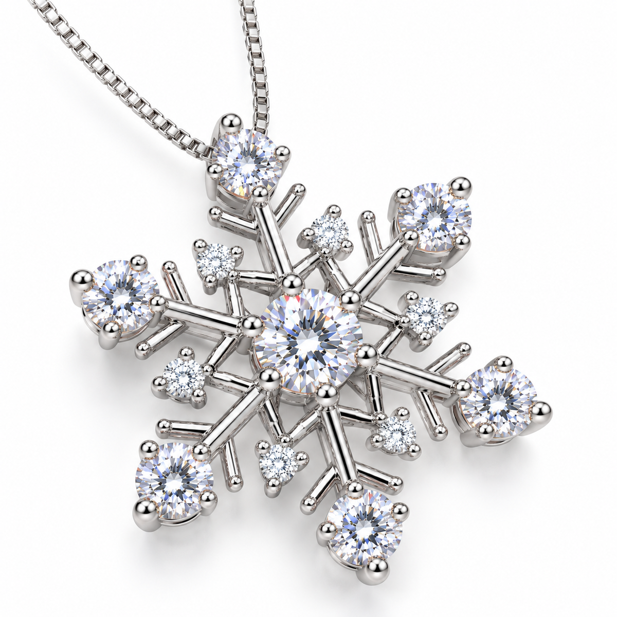Angled view of a white moissanite snowflake pendant necklace showing brilliant round-cut gemstones, polished sterling silver snowflake branches, raised prong settings and sparkling clear white cubic zirconia accents.