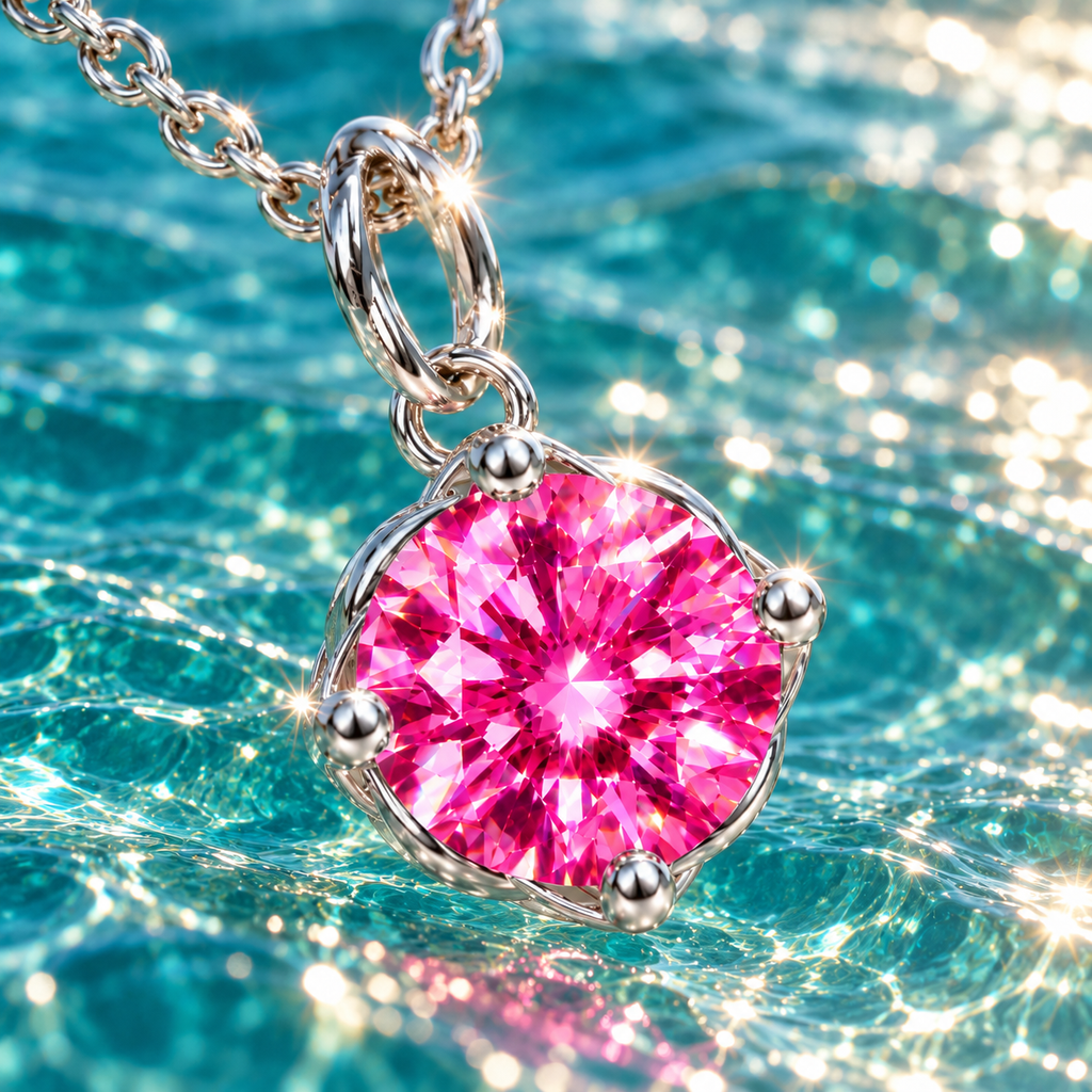 2 carat pink moissanite solitaire pendant necklace suspended against sparkling teal-blue ocean water, with sunlight illuminating the vivid fuchsia gemstone, polished silver prongs, and delicate sterling silver chain.
