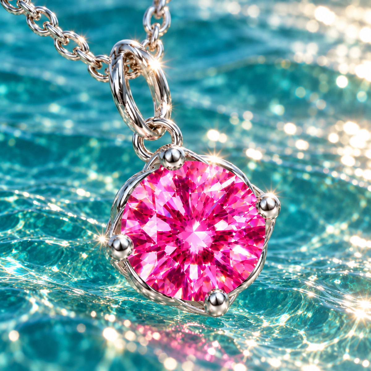 2 carat pink moissanite solitaire pendant necklace suspended against sparkling teal-blue ocean water, with sunlight illuminating the vivid fuchsia gemstone, polished silver prongs, and delicate sterling silver chain.