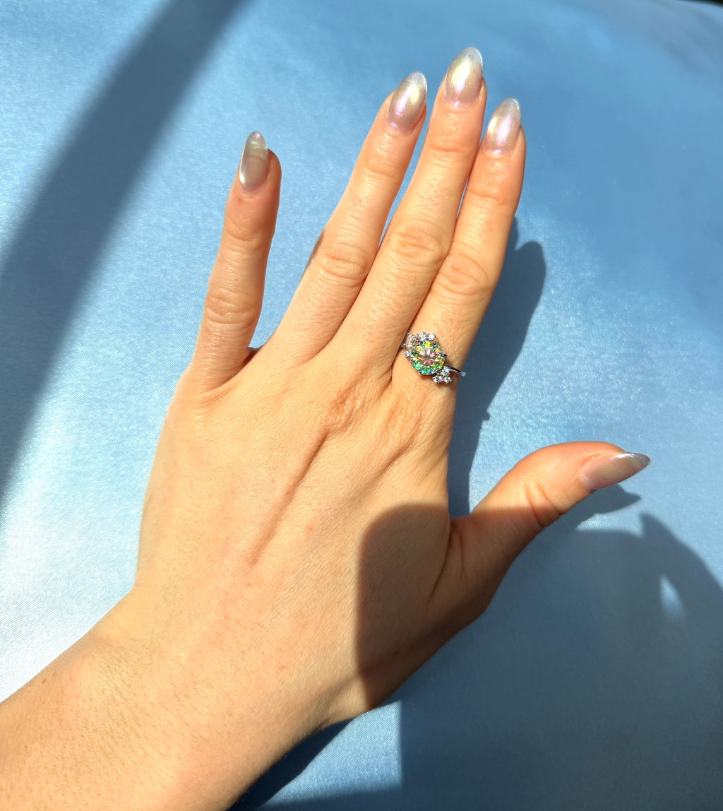 2CT VVS1 Round Brilliant Cut Iridescent Rainbow Moissanite Ring 8mm