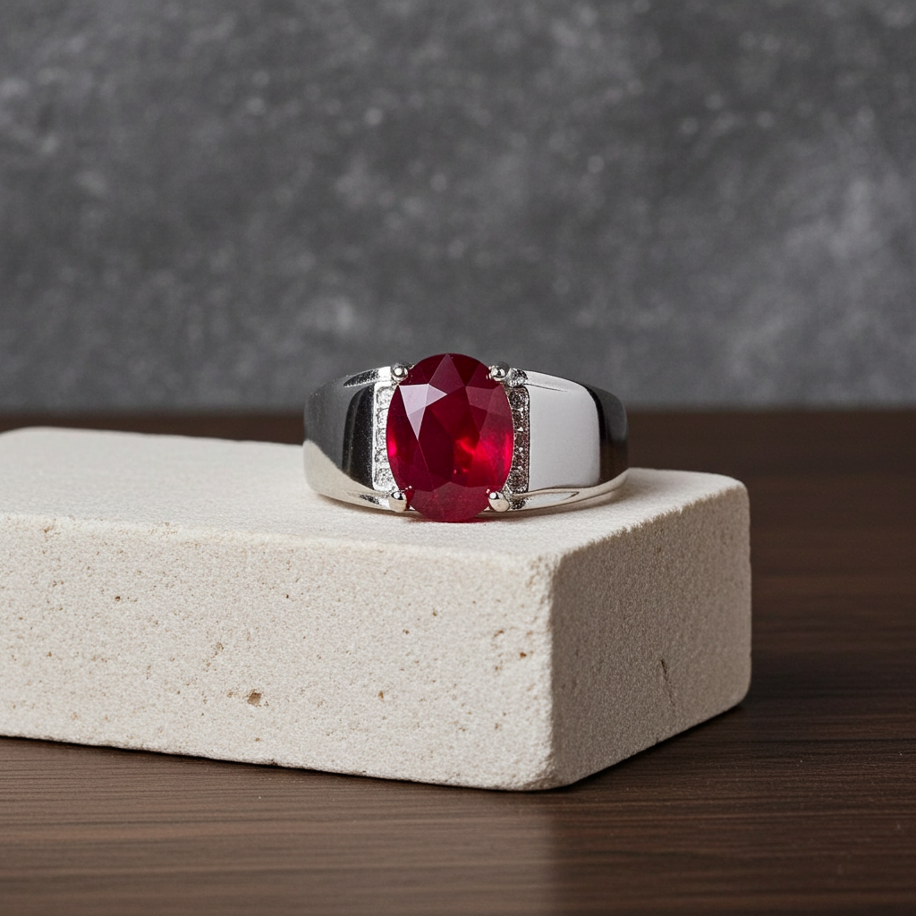 Mens Burma Ruby Ring 7x9mm Platinum Plated Silver
