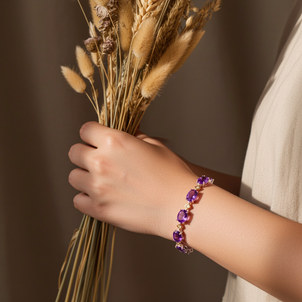 6.25CT Amethyst Gemstone Bracelet 6x8mm 925 Sterling Silver