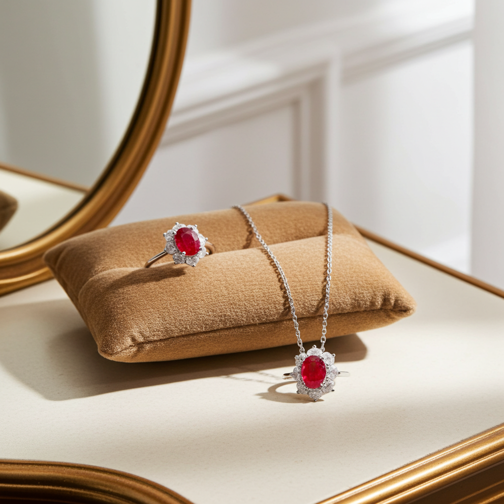 Natural Ruby Jewelry Set, Women's Ruby Pendant and Ring, Ruby Ring and Pendant