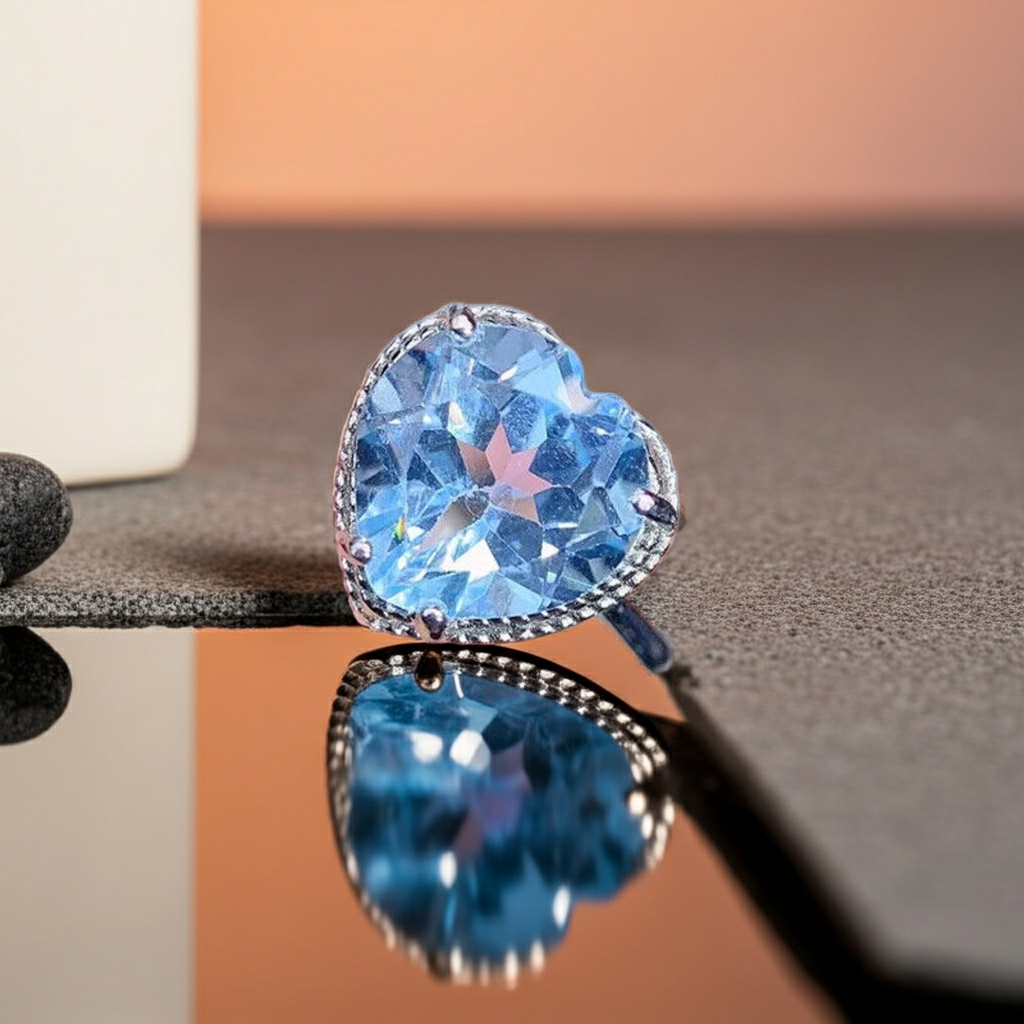 Swiss Blue Topaz Gemstone Heart Ring 7mm