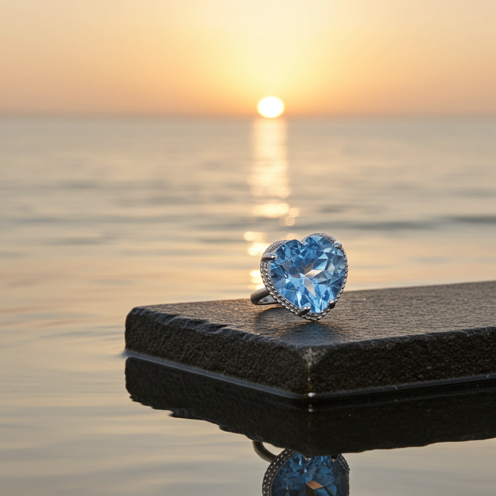 Swiss Blue Topaz Gemstone Heart Ring 7mm