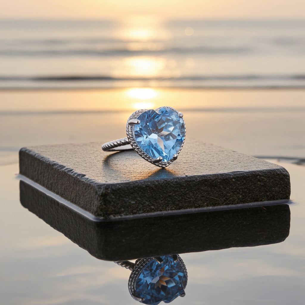 Swiss Blue Topaz Gemstone Heart Ring 7mm