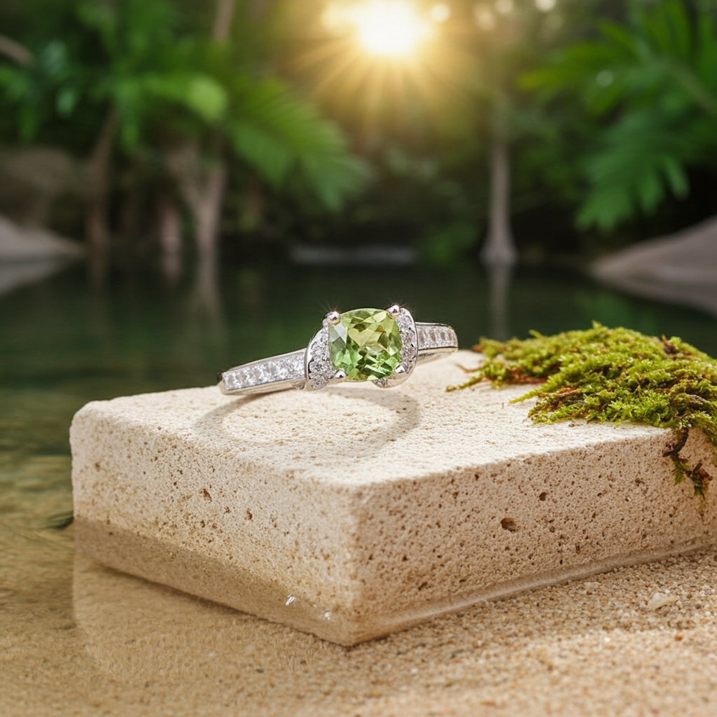 Natural Cushion Cut Peridot August Birthstone Ring with Cubic Zirconia Side Stones in 925 Sterling Silver