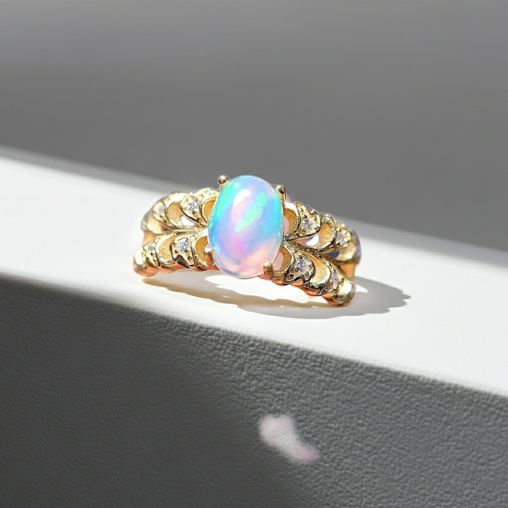 Natural White Opal Double Band Statement Ring 6x8mm