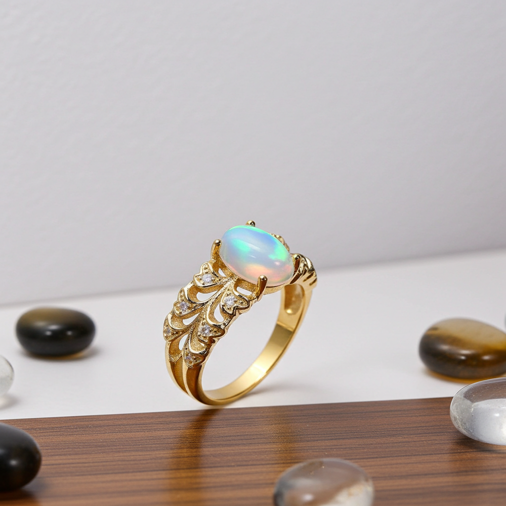 Natural White Opal Double Band Statement Ring 6x8mm