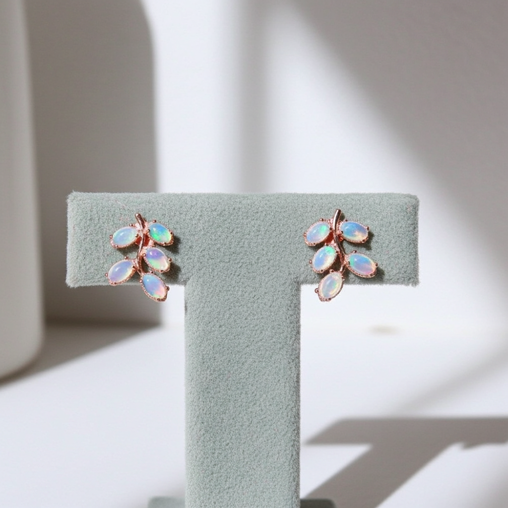 Natural Fire Opal Leaf Stud Earrings 925 Sterling Silver