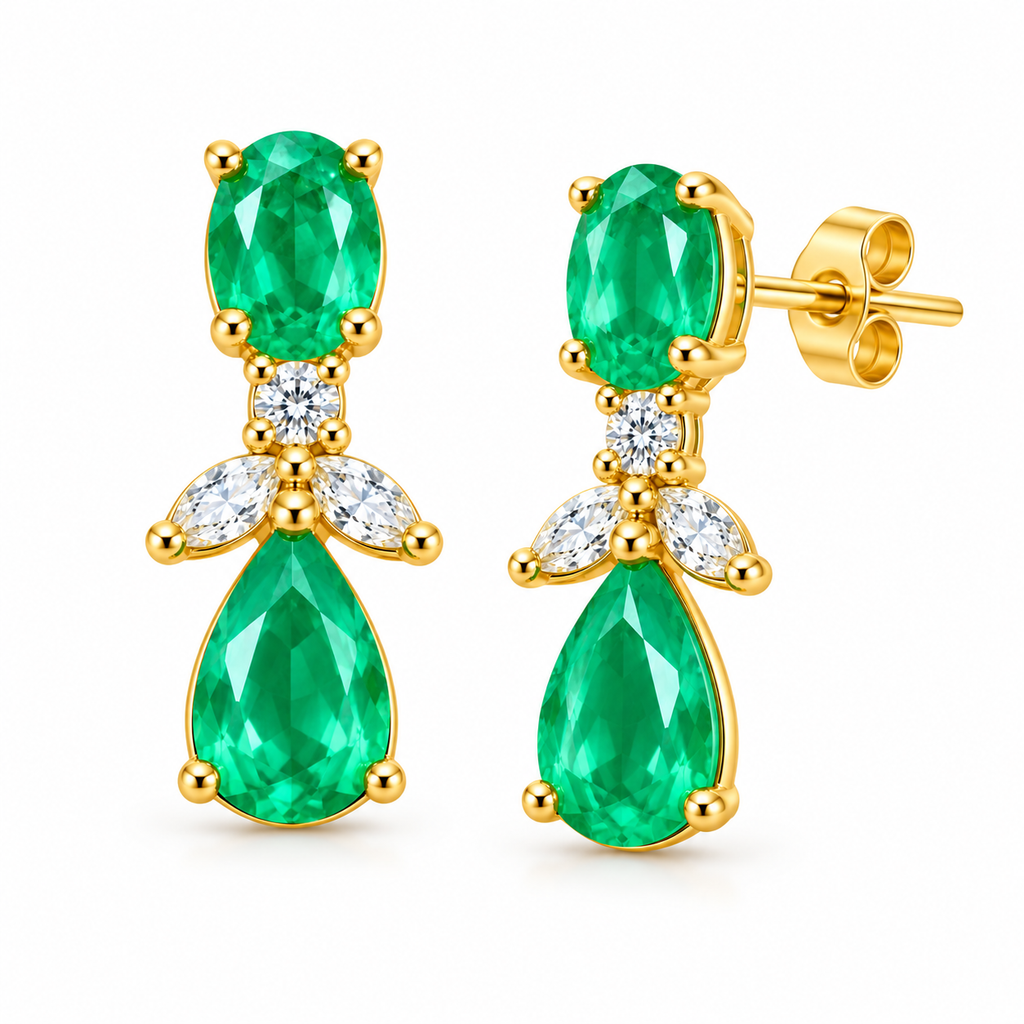 Natural Emerald 4x6mm Oval and Pear Cut Drop Earrings in Gold Plated 925 Sterling Silver