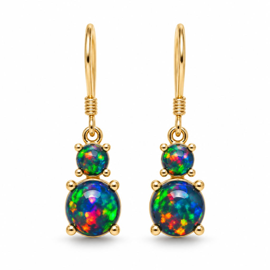 Natural Australian Black Opal drop earrings with 3mm and 6mm gemstones in Gold Plated 925 Sterling Silver