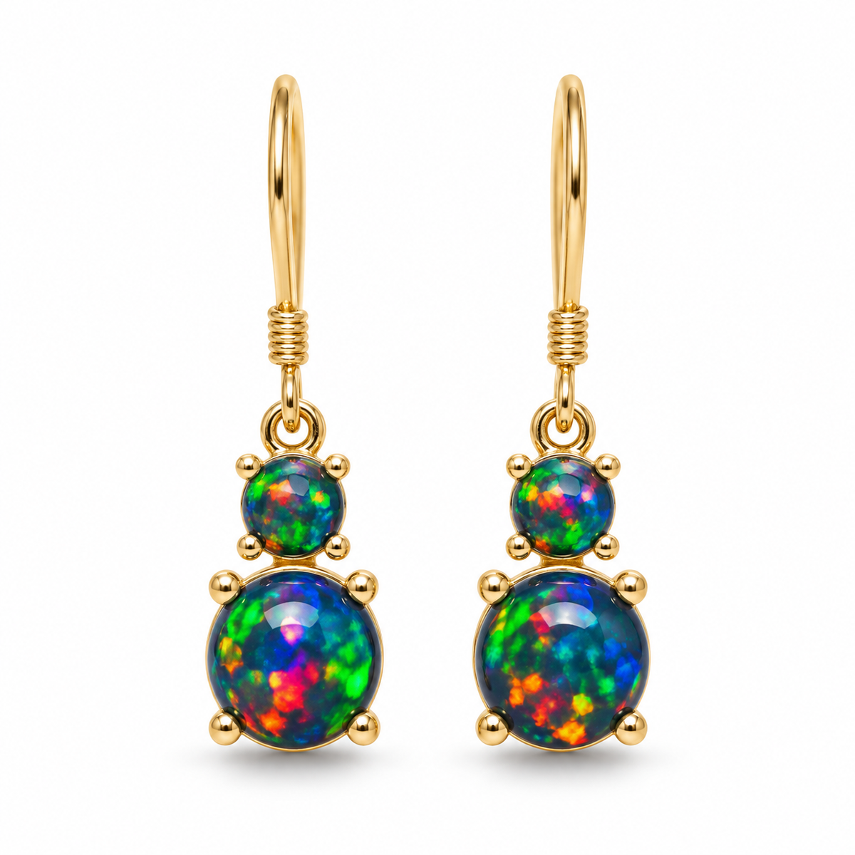 Natural Australian Black Opal drop earrings with 3mm and 6mm gemstones in Gold Plated 925 Sterling Silver