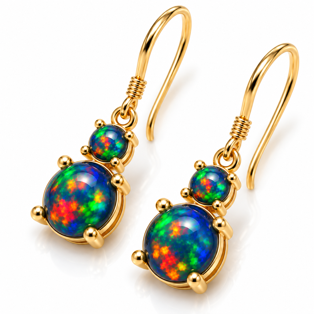 Close-up of Natural Australian Black Opal drop earrings featuring 3mm and 6mm opal gemstones