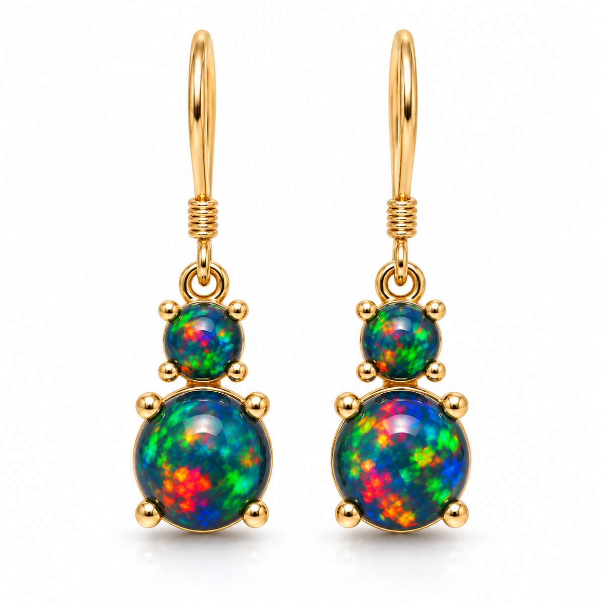 Front view of Natural Australian Opal drop earrings with colorful black opal play-of-color