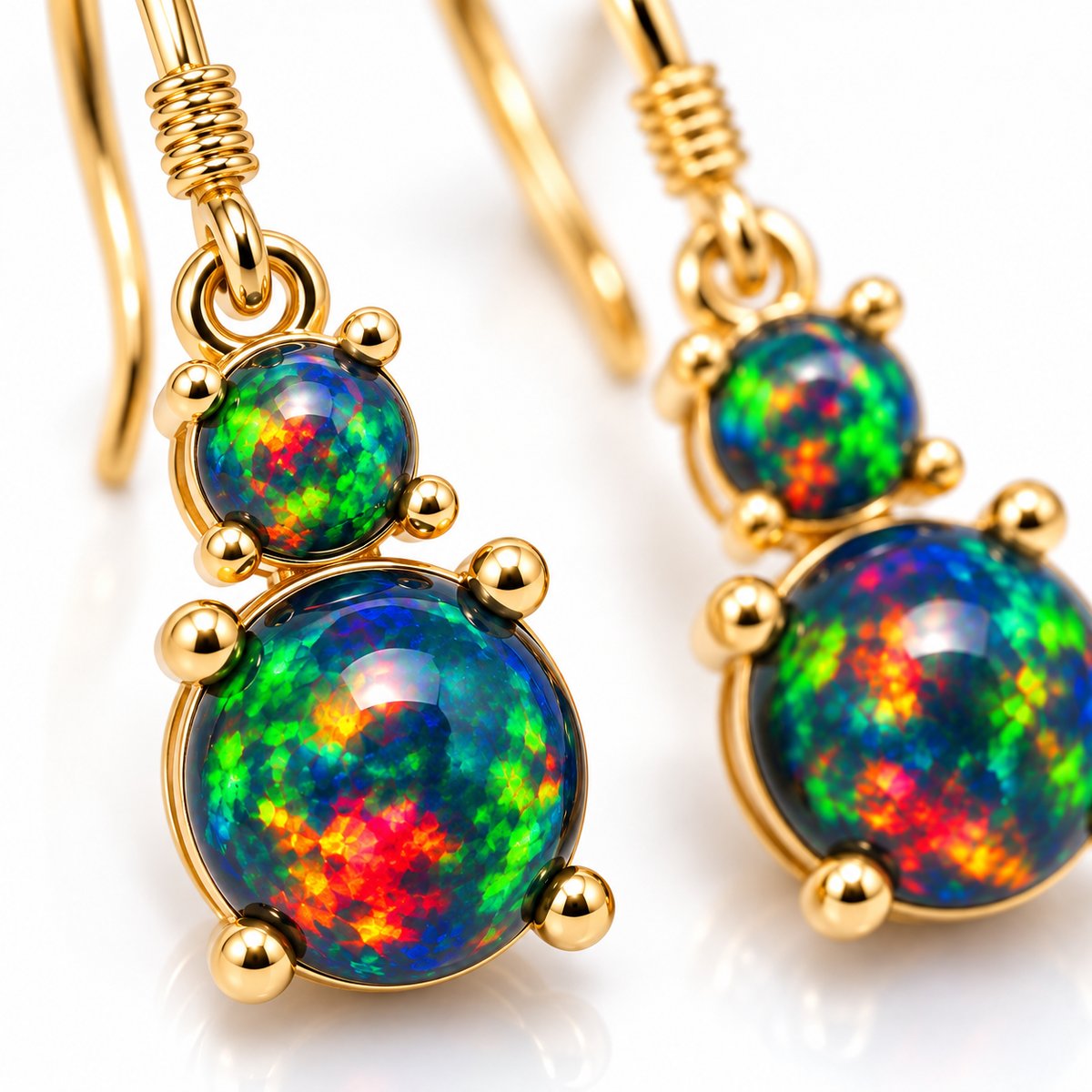 Macro view of 3mm and 6mm Natural Australian Opal gemstones showing vibrant natural play-of-color