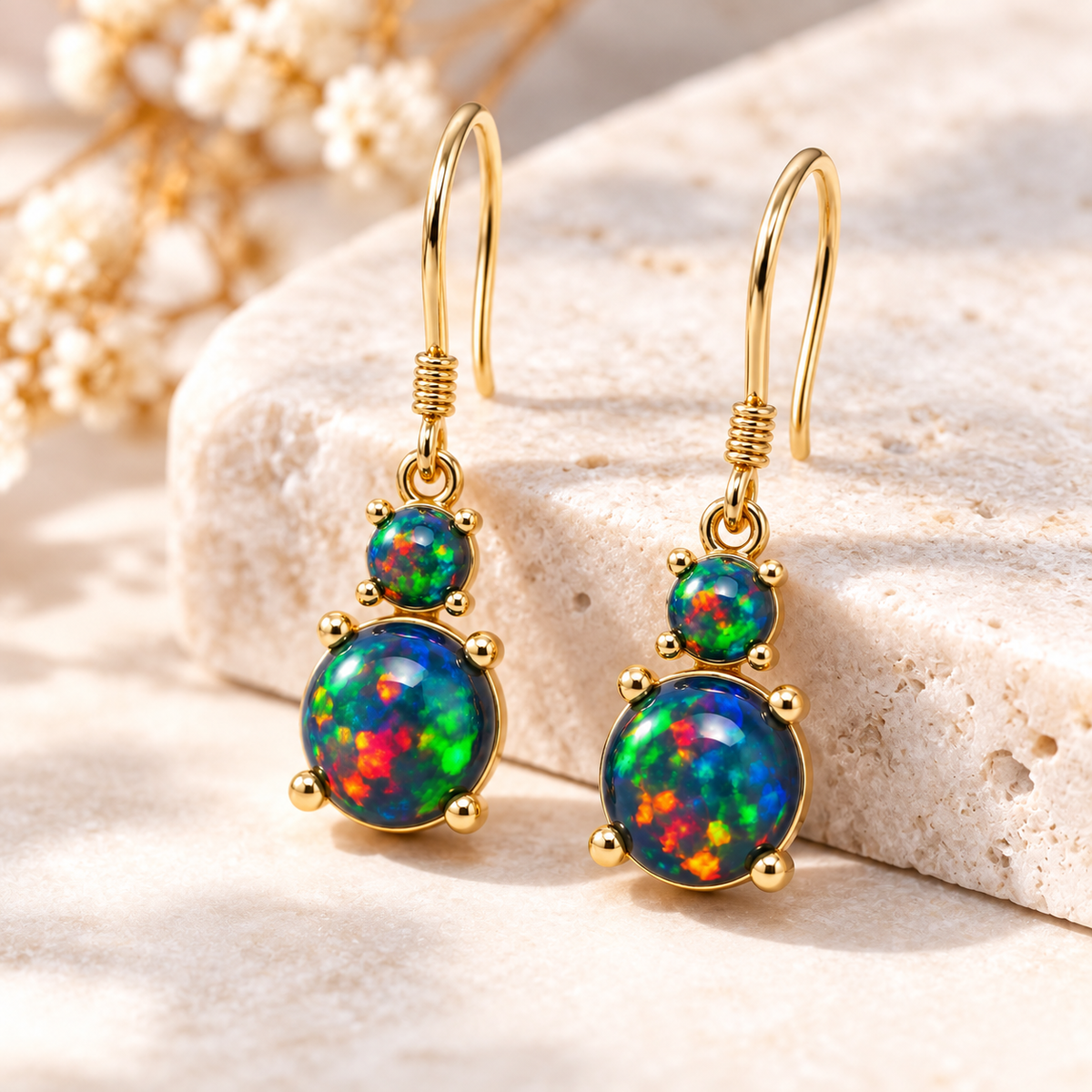 Natural Australian Black Opal drop earrings displayed in an elegant limestone lifestyle setting
