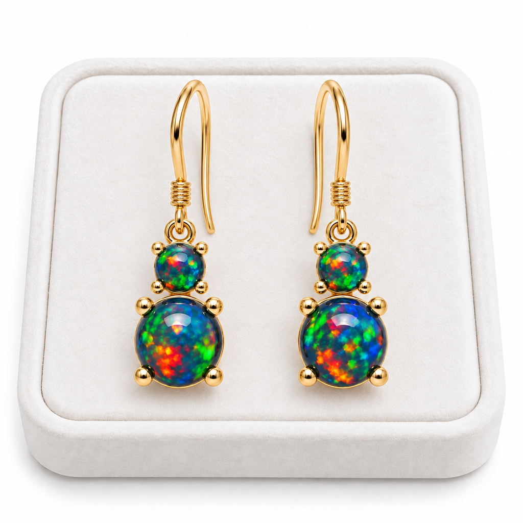Natural Australian Black Opal drop earrings displayed on a Phimsera white velvet jewelry tray