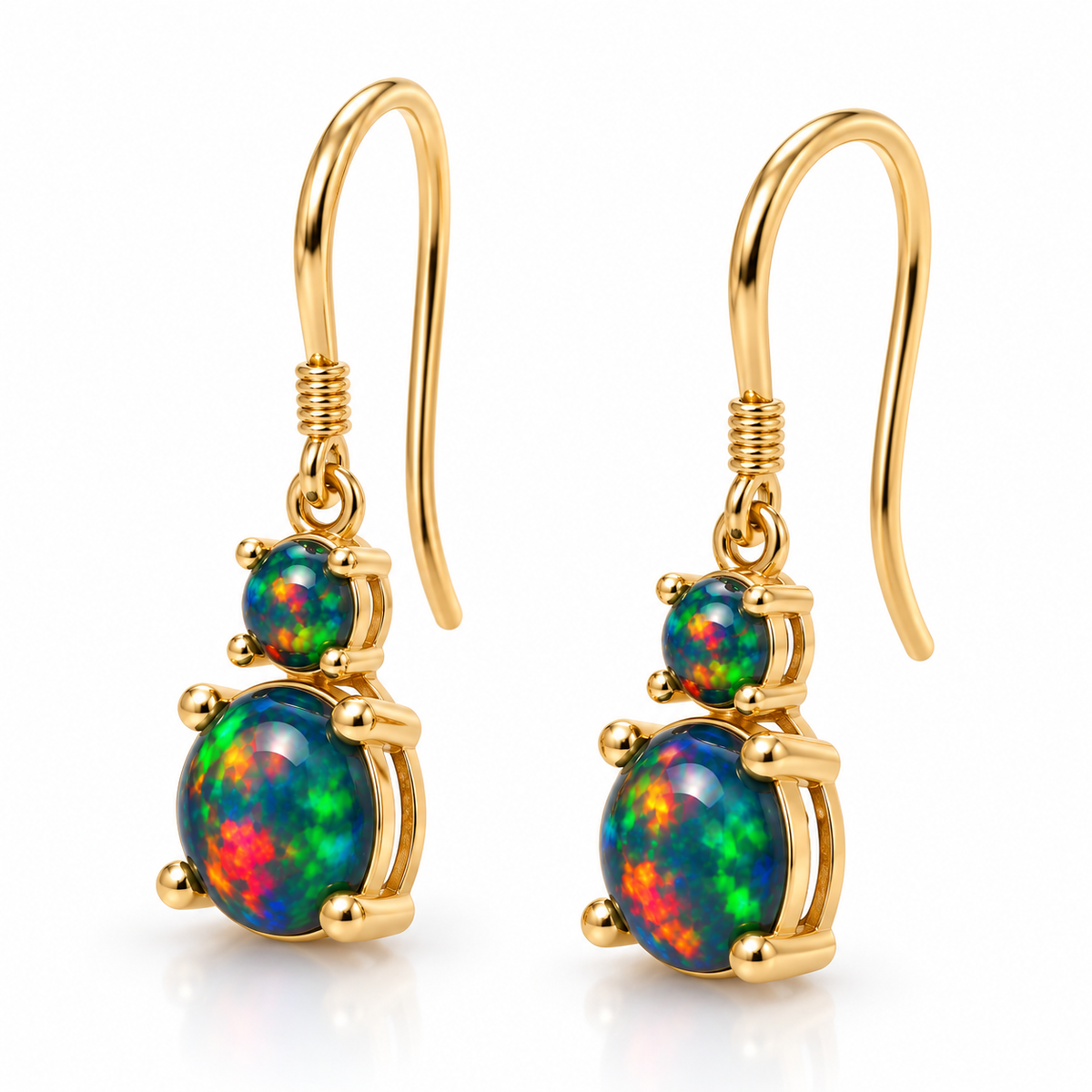 Side view of Natural Australian Black Opal drop earrings in Gold Plated 925 Sterling Silver