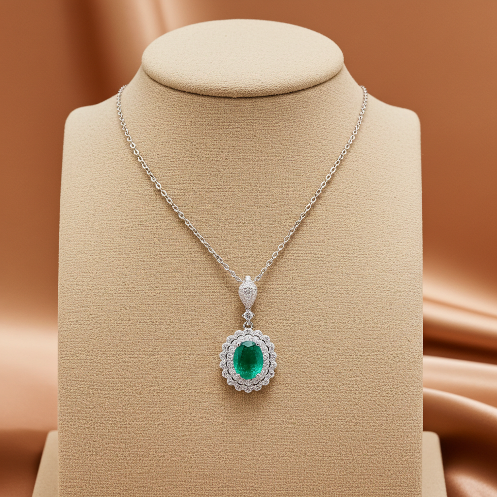 Natural Emerald Pendant Necklace with CZ 6x8mm