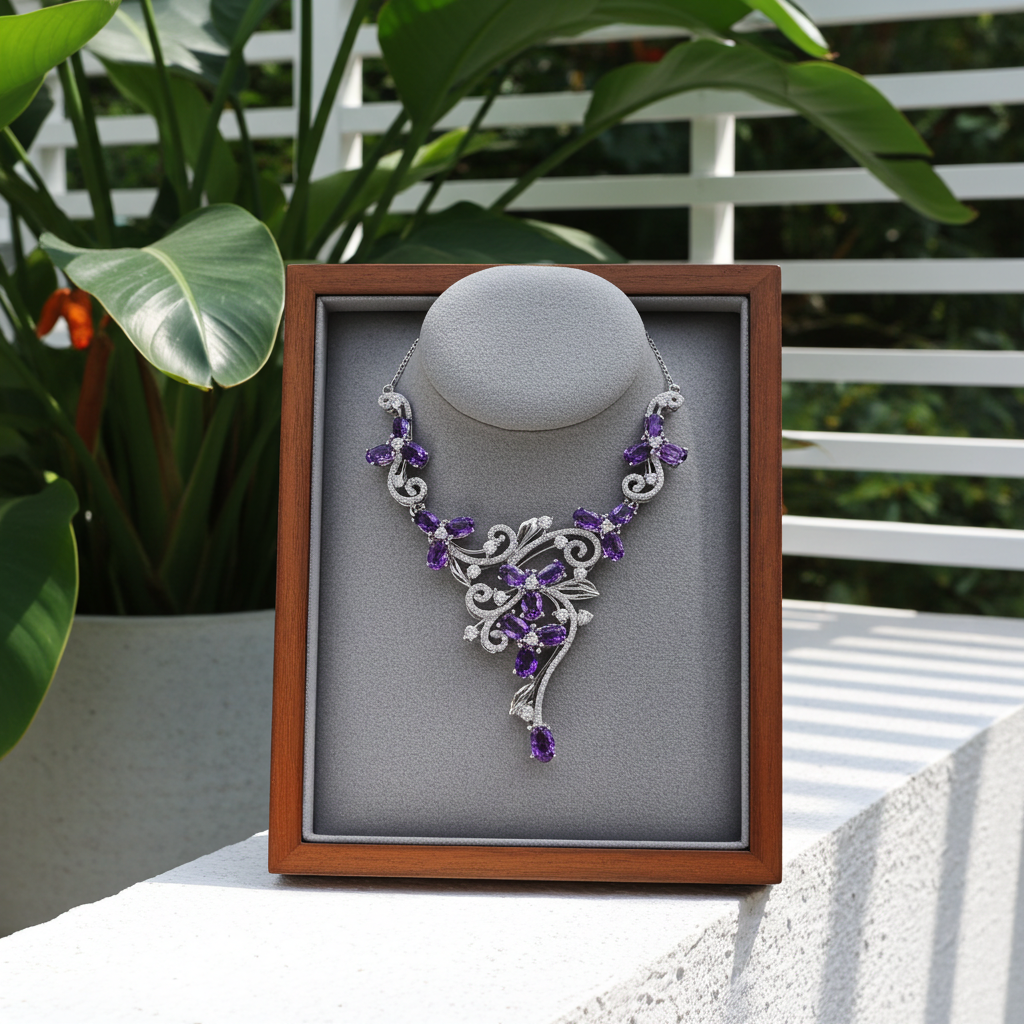 Amethyst Gemstone Flower Statement Necklace 925 Sterling