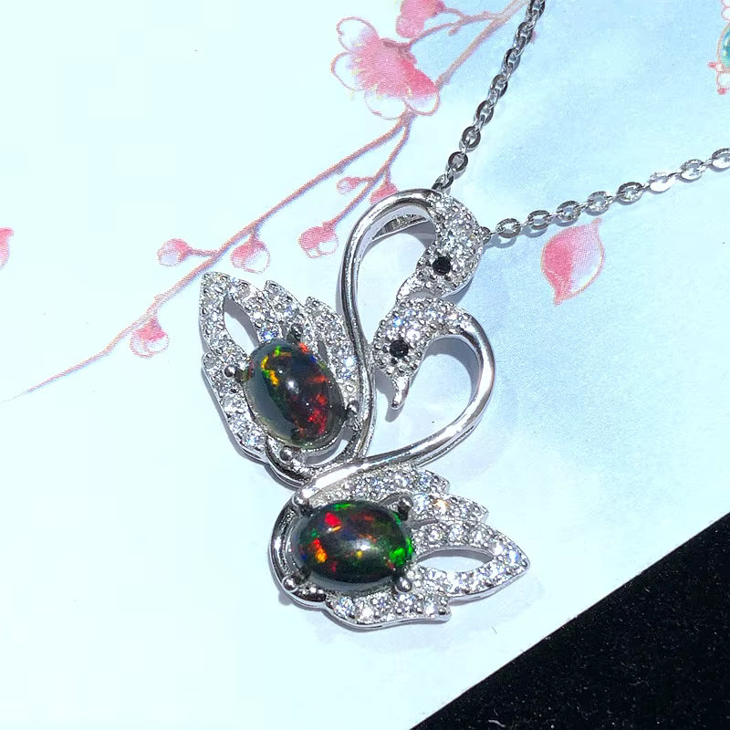 Colorful Black Opal Swan Necklace, Natural Fire Opal Pendant Necklace 5x7mm