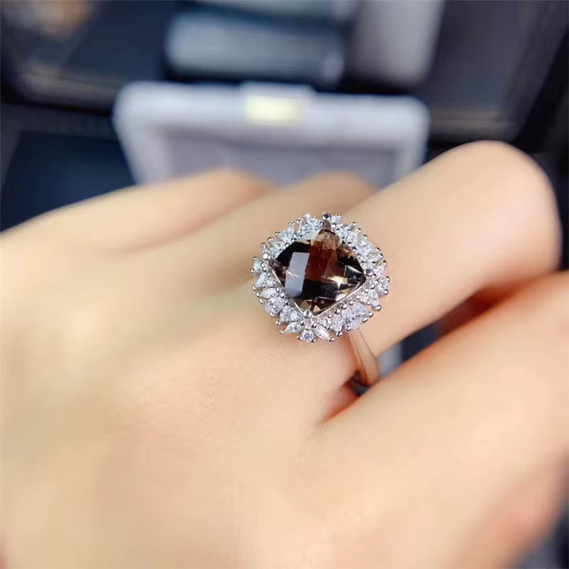 Natural Smoky Quartz Ring Cushion Cut 8mm 925 Sterling Silver