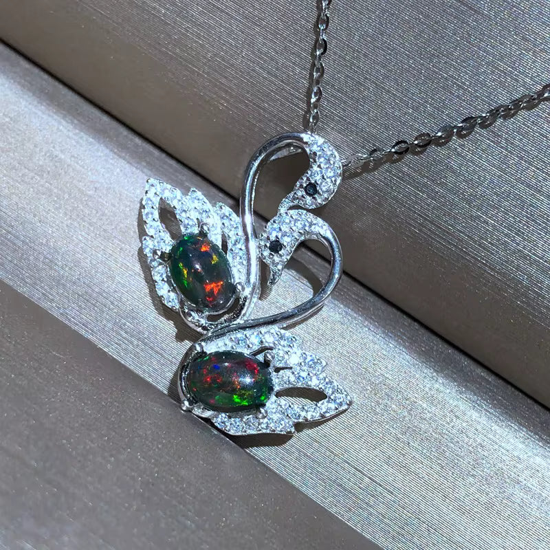 Colorful Black Opal Swan Necklace, Natural Fire Opal Pendant Necklace 5x7mm