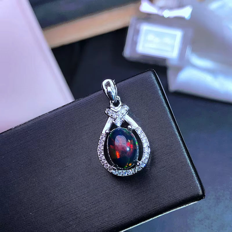 Colorful Black Opal Necklace, Natural Fire Opal Pendant Necklace 7x9mm