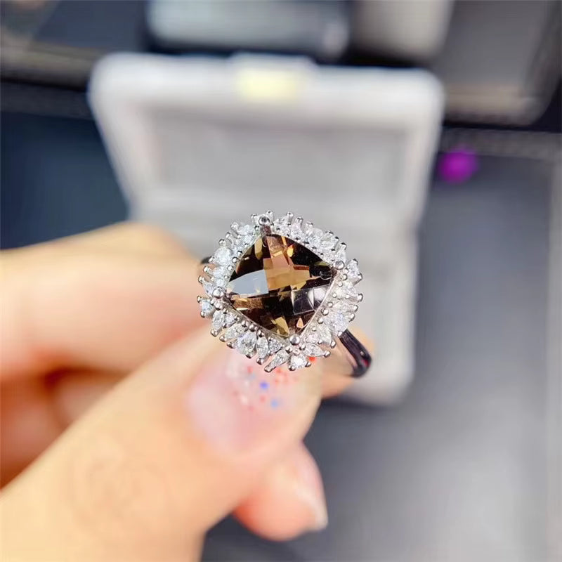 Natural Smoky Quartz Ring Cushion Cut 8mm 925 Sterling Silver