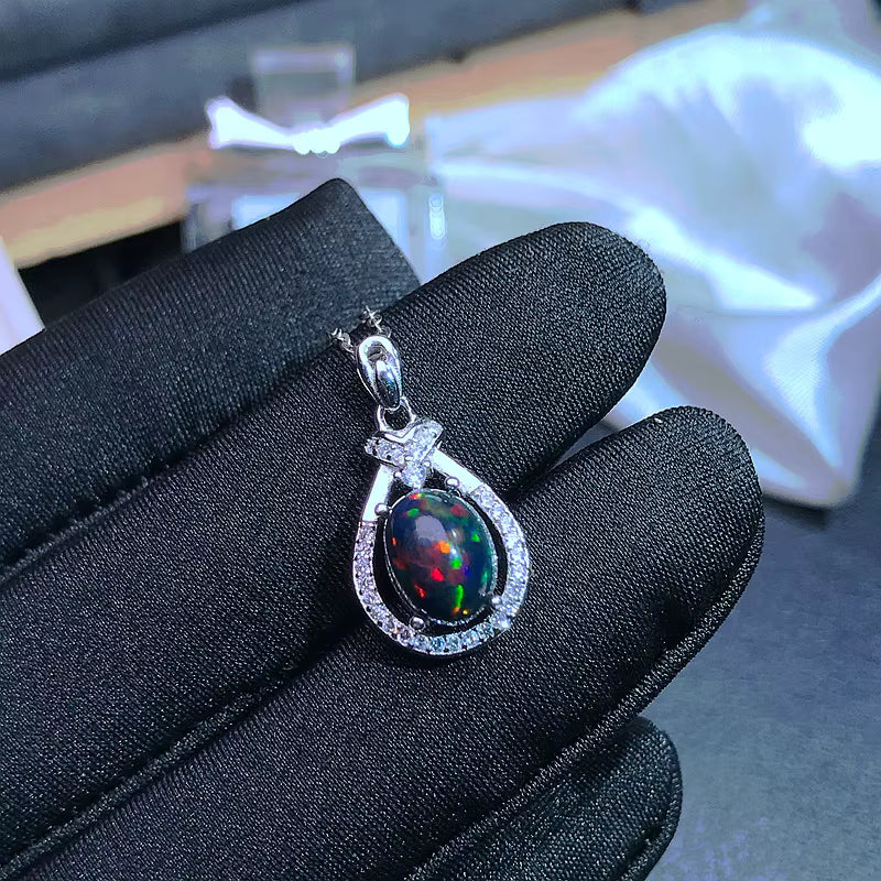 Colorful Black Opal Necklace, Natural Fire Opal Pendant Necklace 7x9mm