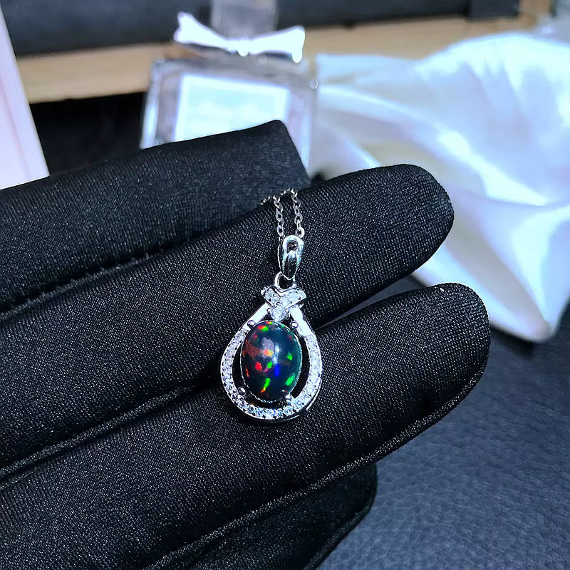 Colorful Black Opal Necklace, Natural Fire Opal Pendant Necklace 7x9mm