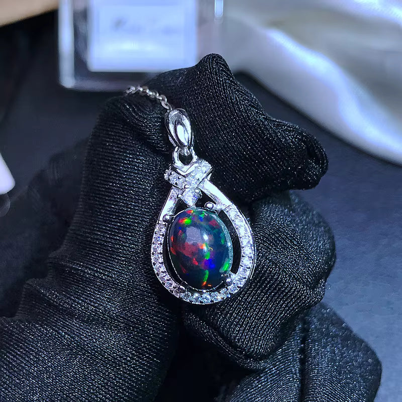 Colorful Black Opal Necklace, Natural Fire Opal Pendant Necklace 7x9mm