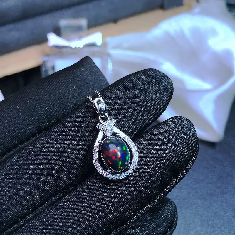 Colorful Black Opal Necklace, Natural Fire Opal Pendant Necklace 7x9mm