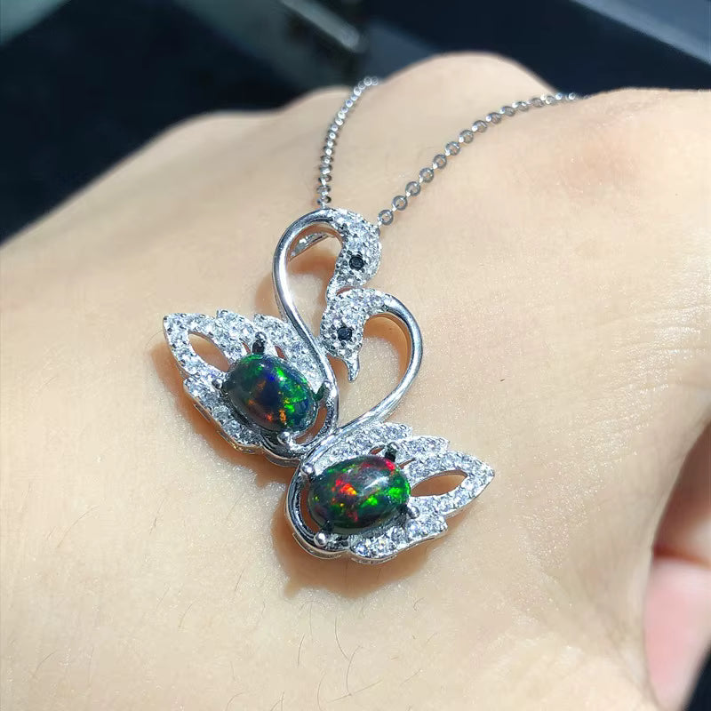 Colorful Black Opal Swan Necklace, Natural Fire Opal Pendant Necklace 5x7mm