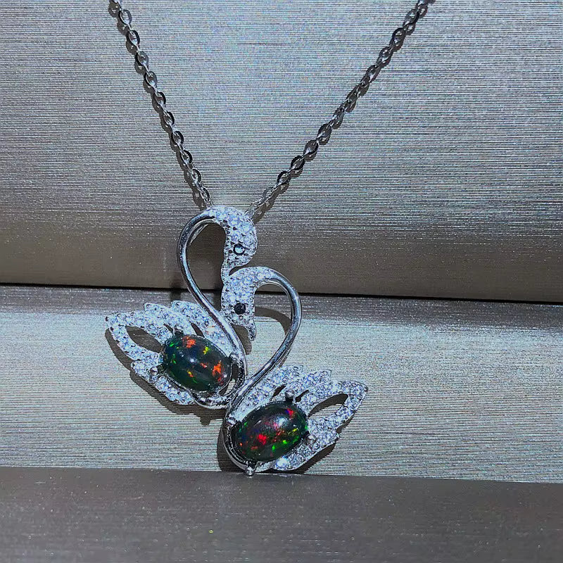 Colorful Black Opal Swan Necklace, Natural Fire Opal Pendant Necklace 5x7mm