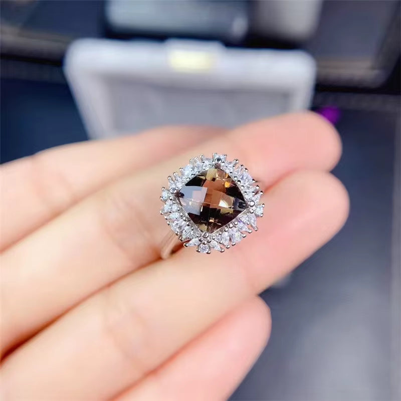 Natural Smoky Quartz Ring Cushion Cut 8mm 925 Sterling Silver