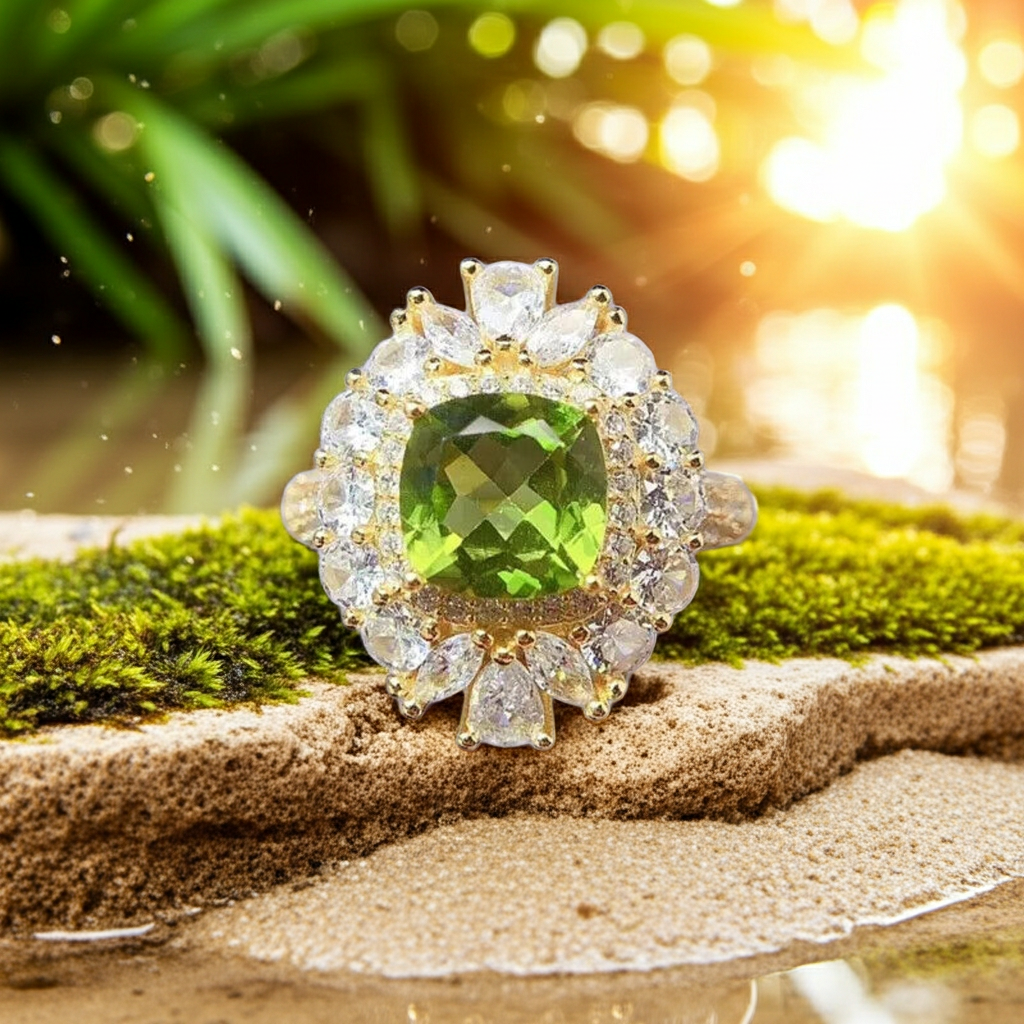 Natural Peridot Gemstone Crystal Cluster Ring 8mm