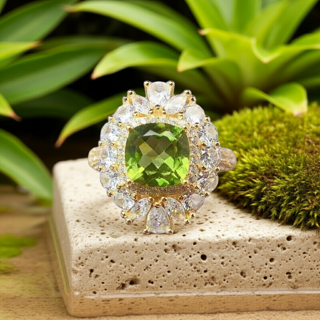 Natural Peridot Gemstone Crystal Cluster Ring 8mm