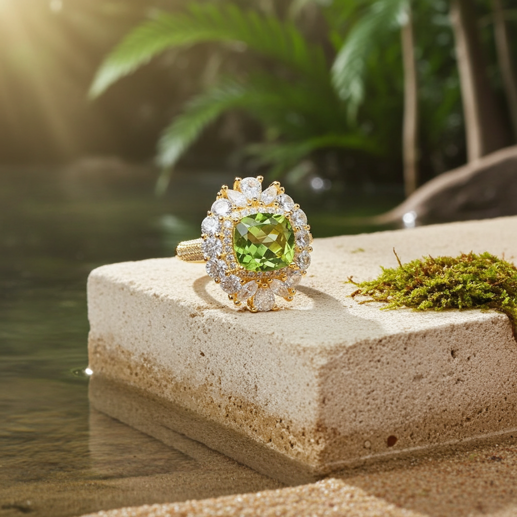 Natural Peridot Gemstone Crystal Cluster Ring 8mm