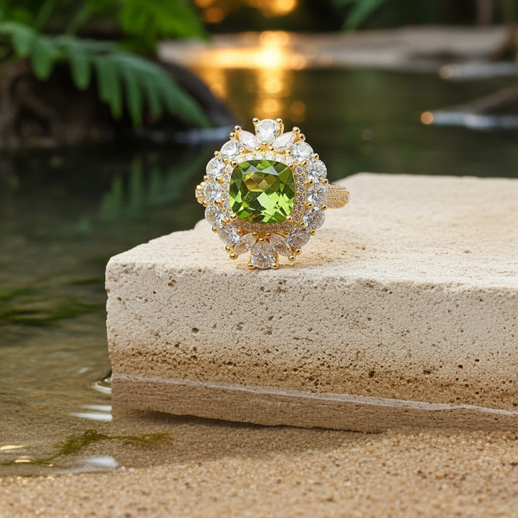 Natural Peridot Gemstone Crystal Cluster Ring 8mm
