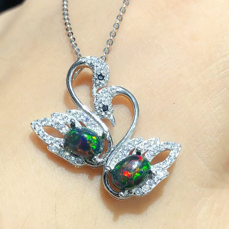 Colorful Black Opal Swan Necklace, Natural Fire Opal Pendant Necklace 5x7mm